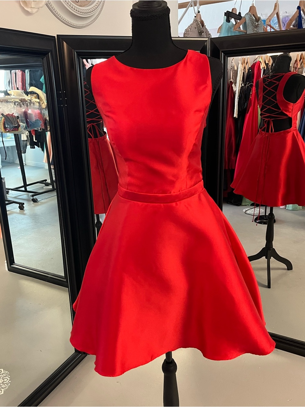 B Darlin Red Satin Sleeveless Fit-and-Flare Prom Dress